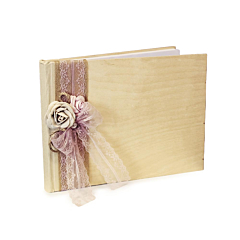 Βιβλίο ευχών γάμου ξύλινο με εκρού λουλούδι